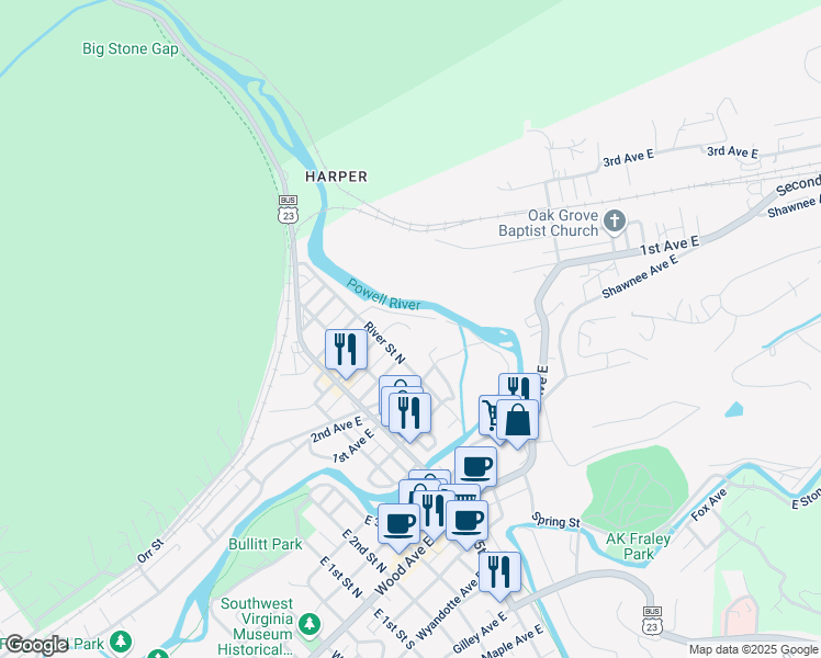 map of restaurants, bars, coffee shops, grocery stores, and more near 500 East Boulevard Street North in Big Stone Gap