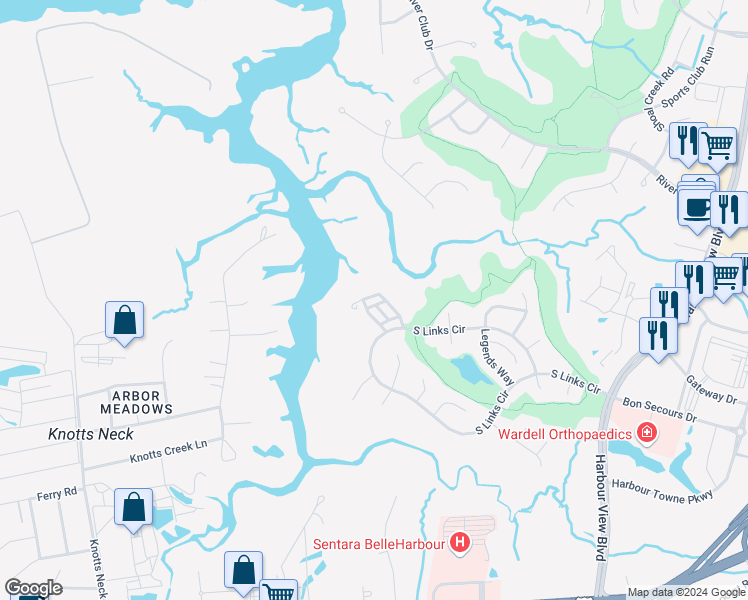 map of restaurants, bars, coffee shops, grocery stores, and more near 2105 Soundings Crescent Court in Suffolk