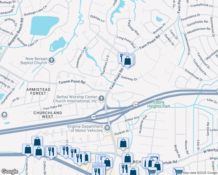 map of restaurants, bars, coffee shops, grocery stores, and more near 3800 Twin Pines Road in Portsmouth