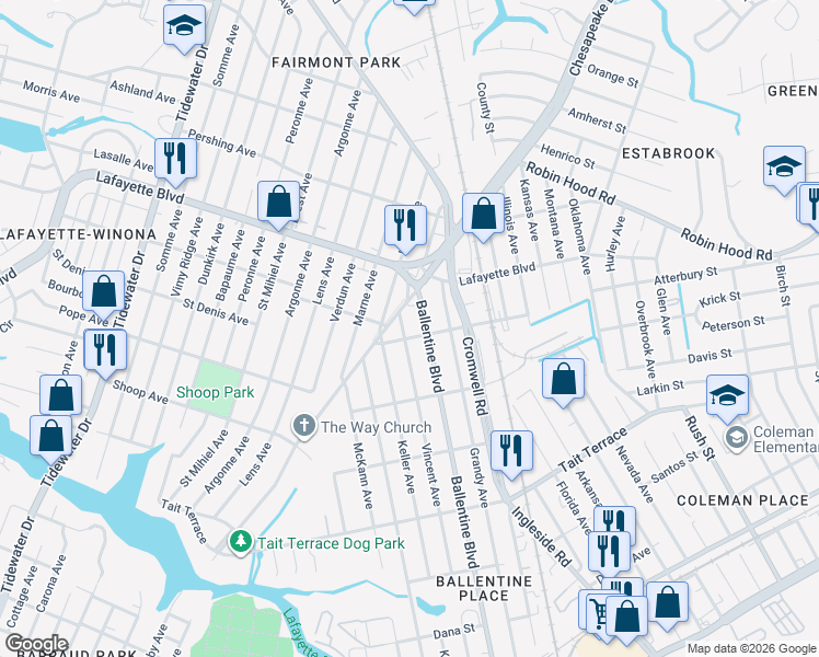 map of restaurants, bars, coffee shops, grocery stores, and more near 2849 Vincent Avenue in Norfolk