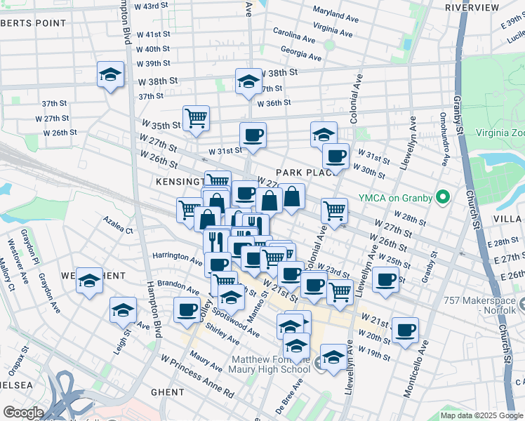 map of restaurants, bars, coffee shops, grocery stores, and more near 2425 Gosnold Avenue in Norfolk