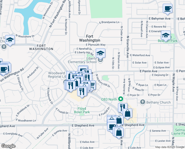 map of restaurants, bars, coffee shops, grocery stores, and more near 1229 East Perrin Avenue in Fresno
