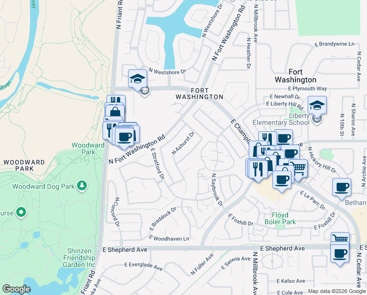 map of restaurants, bars, coffee shops, grocery stores, and more near 9425 North Woodmont Drive in Fresno