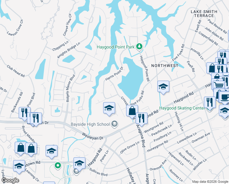 map of restaurants, bars, coffee shops, grocery stores, and more near 655 Harris Point Drive in Virginia Beach
