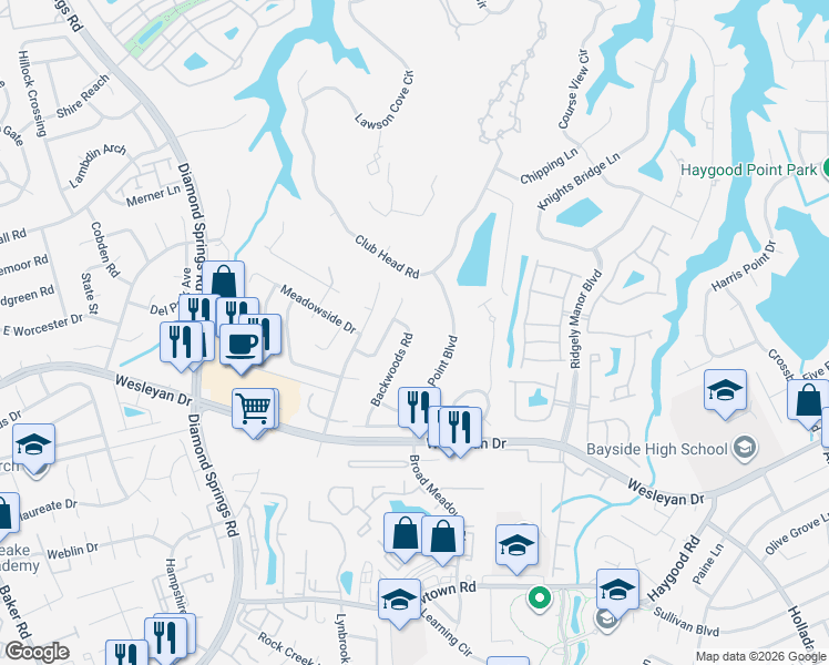 map of restaurants, bars, coffee shops, grocery stores, and more near 1069 Backwoods Road in Virginia Beach