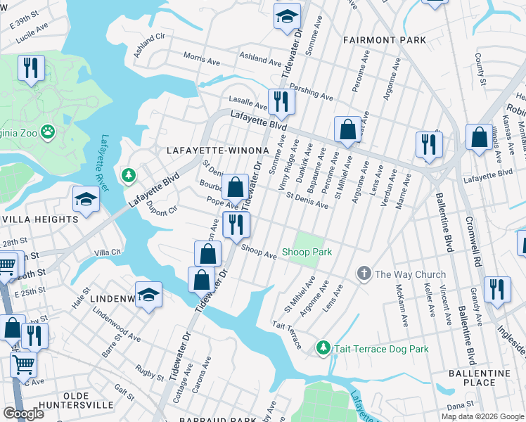map of restaurants, bars, coffee shops, grocery stores, and more near 2839 Somme Avenue in Norfolk
