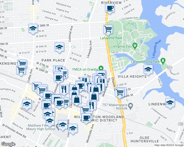map of restaurants, bars, coffee shops, grocery stores, and more near 2800 Omohundro Avenue in Norfolk