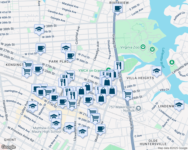 map of restaurants, bars, coffee shops, grocery stores, and more near 230 West 28th Street in Norfolk