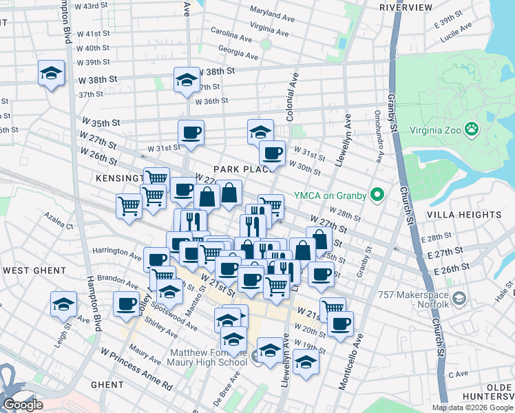 map of restaurants, bars, coffee shops, grocery stores, and more near 434 West 26th Street in Norfolk