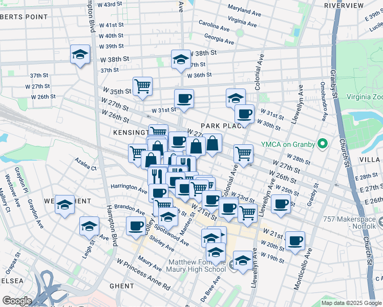 map of restaurants, bars, coffee shops, grocery stores, and more near 2425 Gosnold Avenue in Norfolk