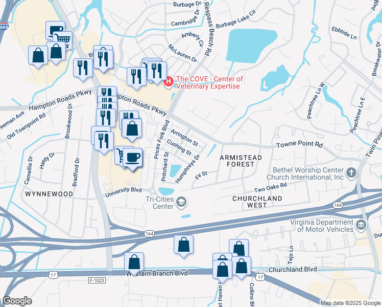 map of restaurants, bars, coffee shops, grocery stores, and more near 6223 Cushing Street in Suffolk