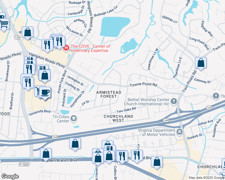 map of restaurants, bars, coffee shops, grocery stores, and more near 3904 Hillwood Street in Portsmouth