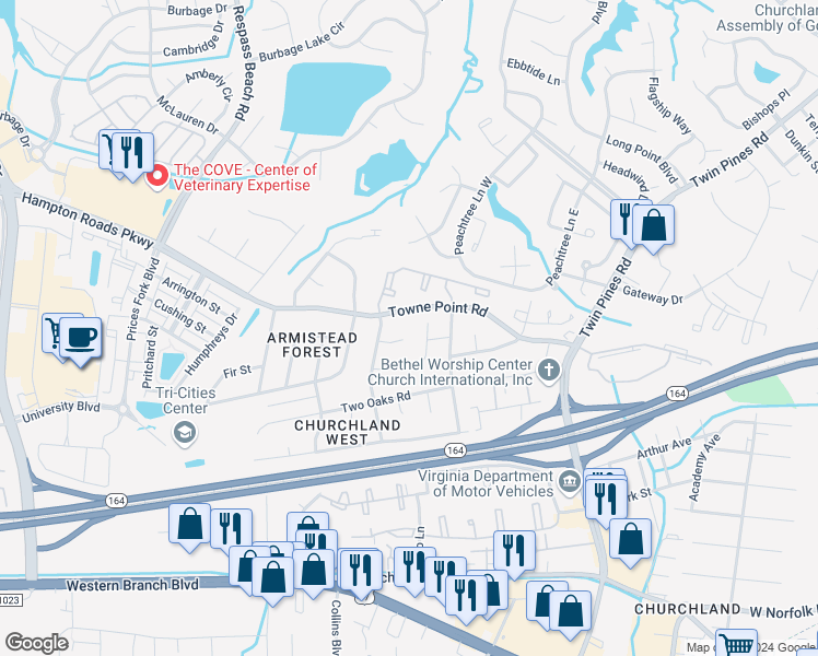 map of restaurants, bars, coffee shops, grocery stores, and more near 8 Red Barn Court in Portsmouth