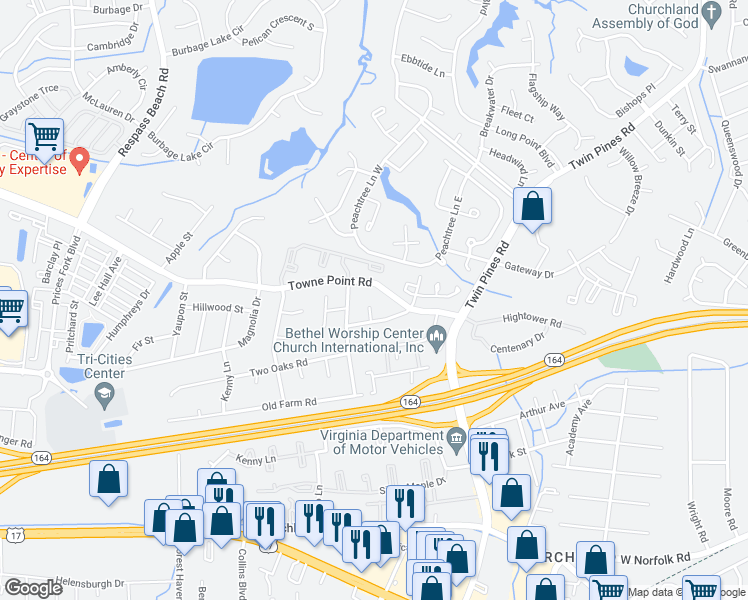 map of restaurants, bars, coffee shops, grocery stores, and more near 13 Woodmere Court in Portsmouth