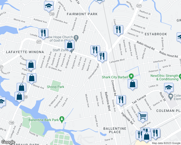 map of restaurants, bars, coffee shops, grocery stores, and more near 2951 Lyons Avenue in Norfolk