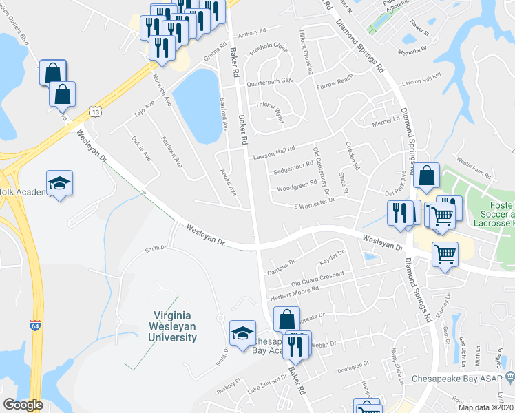 map of restaurants, bars, coffee shops, grocery stores, and more near 996 Baker Road in Virginia Beach