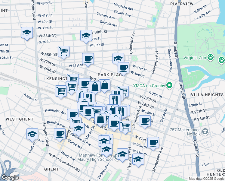 map of restaurants, bars, coffee shops, grocery stores, and more near 522 West 26th Street in Norfolk