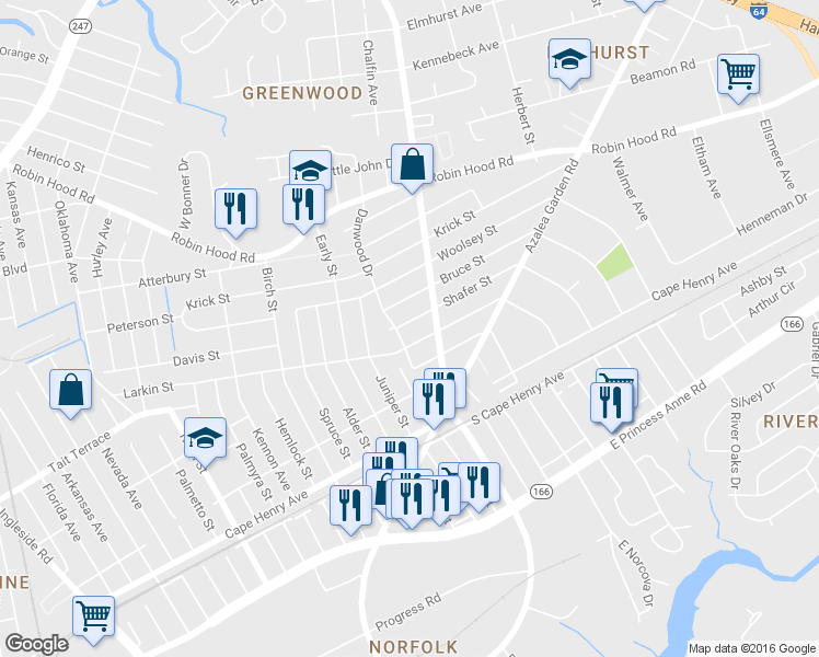 map of restaurants, bars, coffee shops, grocery stores, and more near 4709 Shafer Street in Norfolk