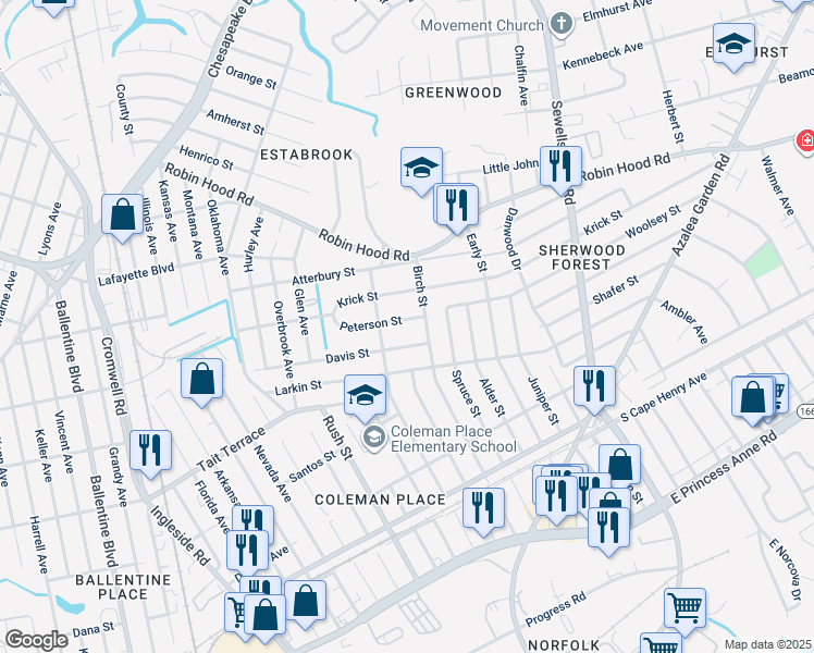 map of restaurants, bars, coffee shops, grocery stores, and more near 3921 Peterson Street in Norfolk