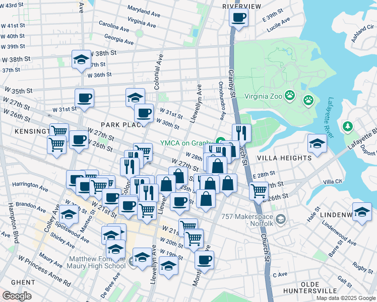 map of restaurants, bars, coffee shops, grocery stores, and more near 234 West 28th Street in Norfolk