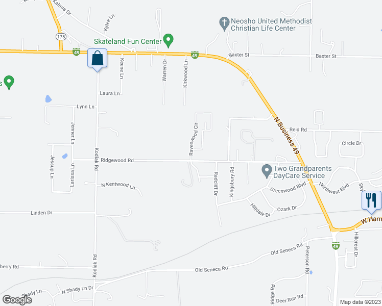 map of restaurants, bars, coffee shops, grocery stores, and more near 456 Ravenwood Circle in Neosho
