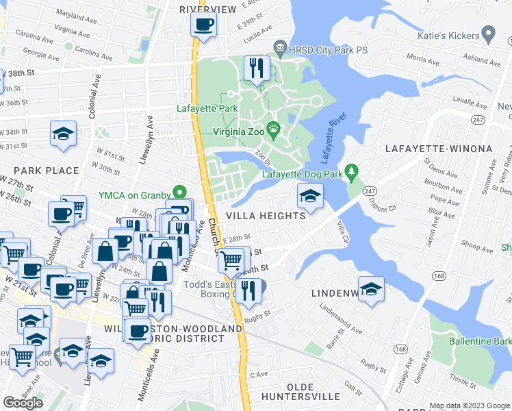 map of restaurants, bars, coffee shops, grocery stores, and more near in Norfolk