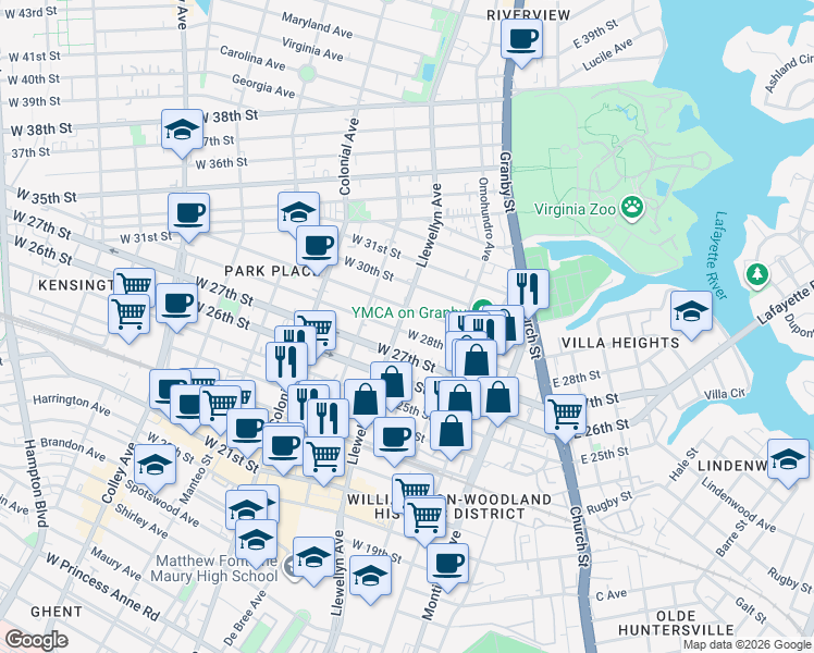 map of restaurants, bars, coffee shops, grocery stores, and more near 223 West 28th Street in Norfolk
