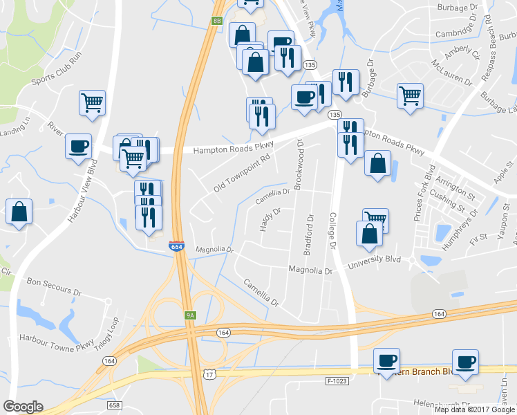 map of restaurants, bars, coffee shops, grocery stores, and more near 4632 Hardy Drive in Suffolk