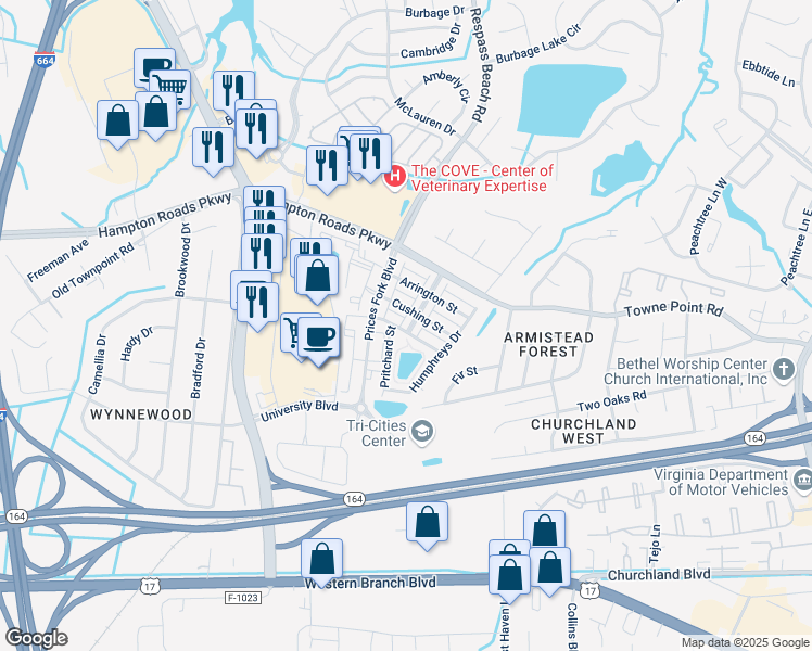 map of restaurants, bars, coffee shops, grocery stores, and more near 4158 Pritchard Street in Suffolk