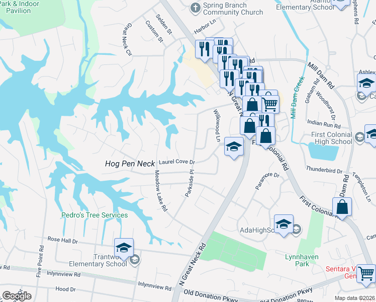 map of restaurants, bars, coffee shops, grocery stores, and more near 1300 Parkside Place in Virginia Beach