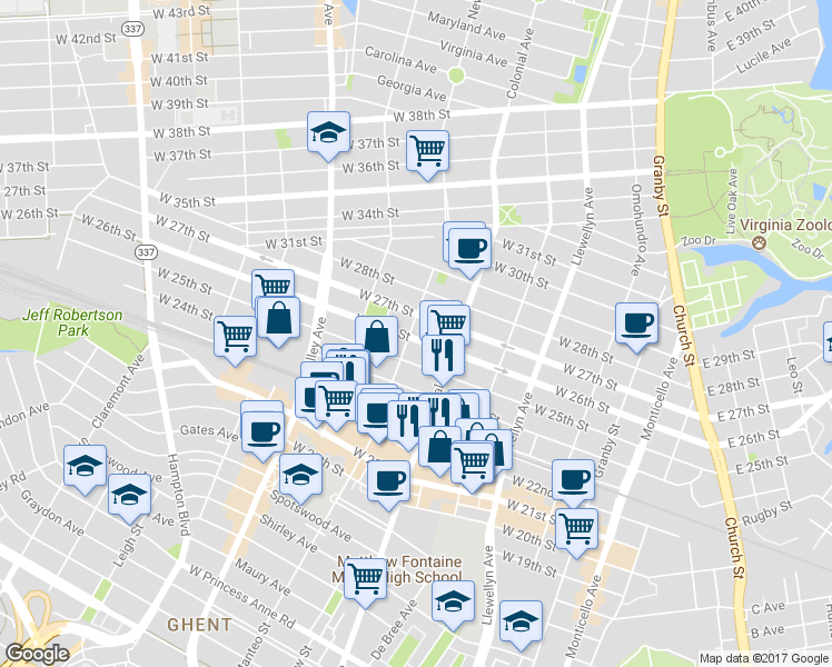map of restaurants, bars, coffee shops, grocery stores, and more near 530 West 26th Street in Norfolk