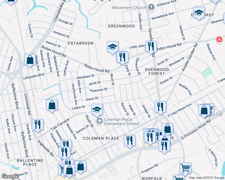 map of restaurants, bars, coffee shops, grocery stores, and more near 3933 Peterson Street in Norfolk