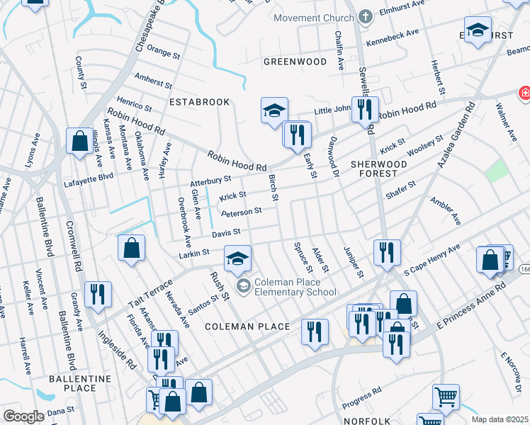 map of restaurants, bars, coffee shops, grocery stores, and more near 3921 Peterson Street in Norfolk