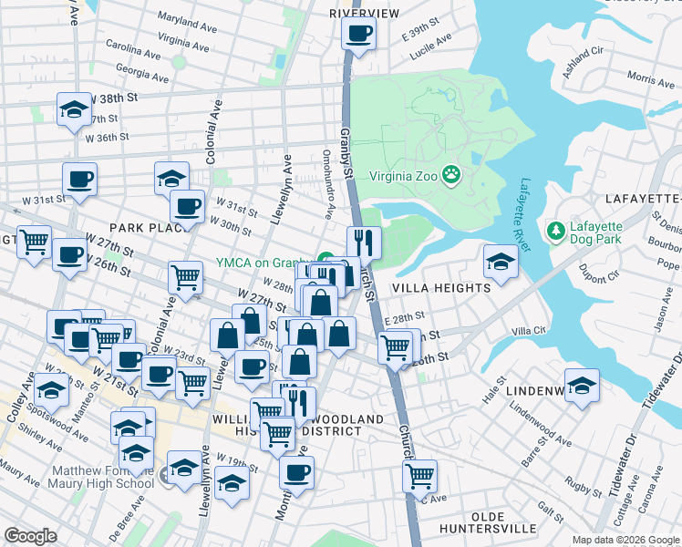 map of restaurants, bars, coffee shops, grocery stores, and more near 2910 Granby Street in Norfolk