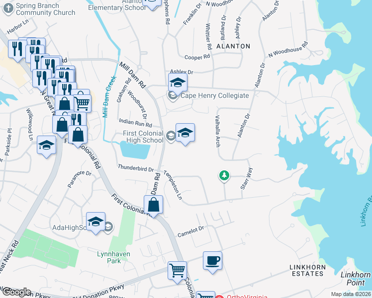 map of restaurants, bars, coffee shops, grocery stores, and more near 1272 Mill Dam Road in Virginia Beach