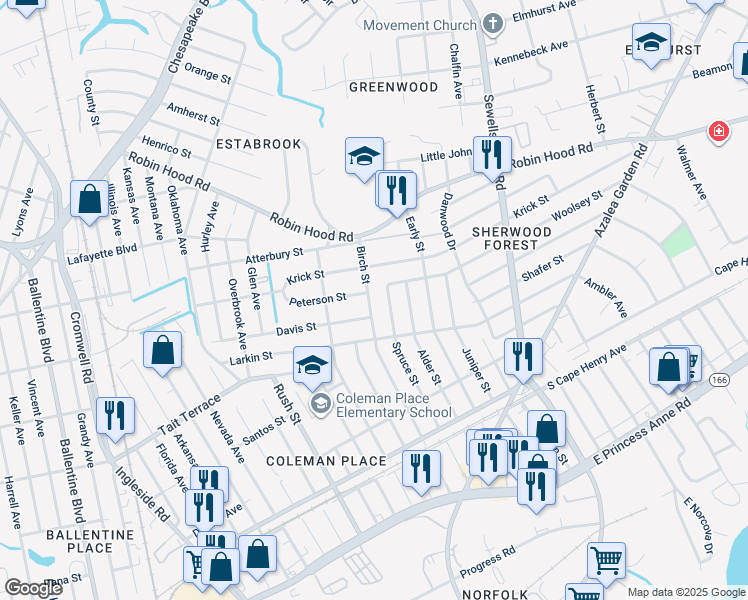 map of restaurants, bars, coffee shops, grocery stores, and more near 2724 Birch Street in Norfolk