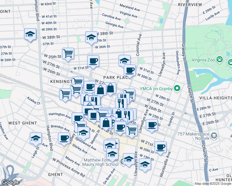 map of restaurants, bars, coffee shops, grocery stores, and more near 530 West 26th Street in Norfolk