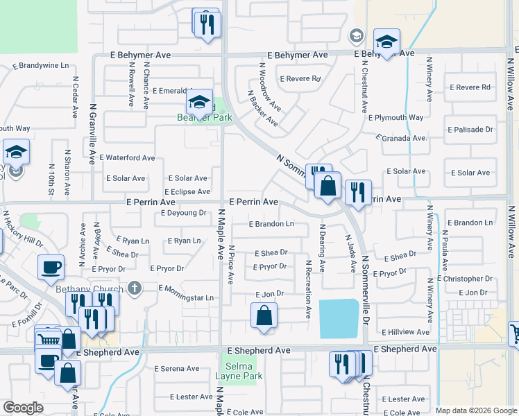 map of restaurants, bars, coffee shops, grocery stores, and more near 9445 North Woodrow Avenue in Fresno