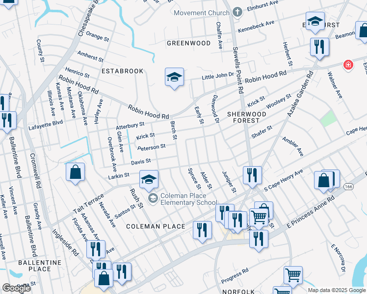map of restaurants, bars, coffee shops, grocery stores, and more near 2708 Spruce Street in Norfolk