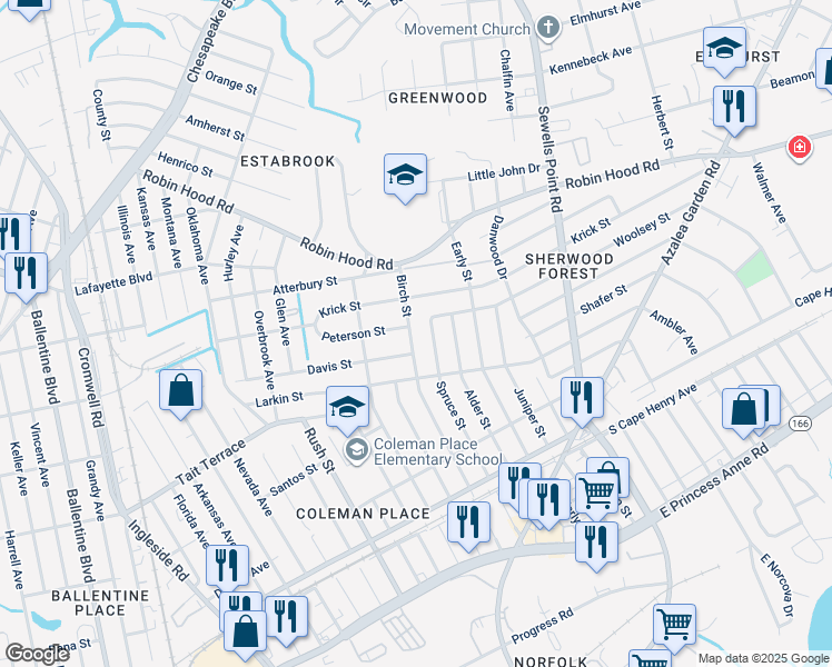 map of restaurants, bars, coffee shops, grocery stores, and more near 2724 Birch Street in Norfolk
