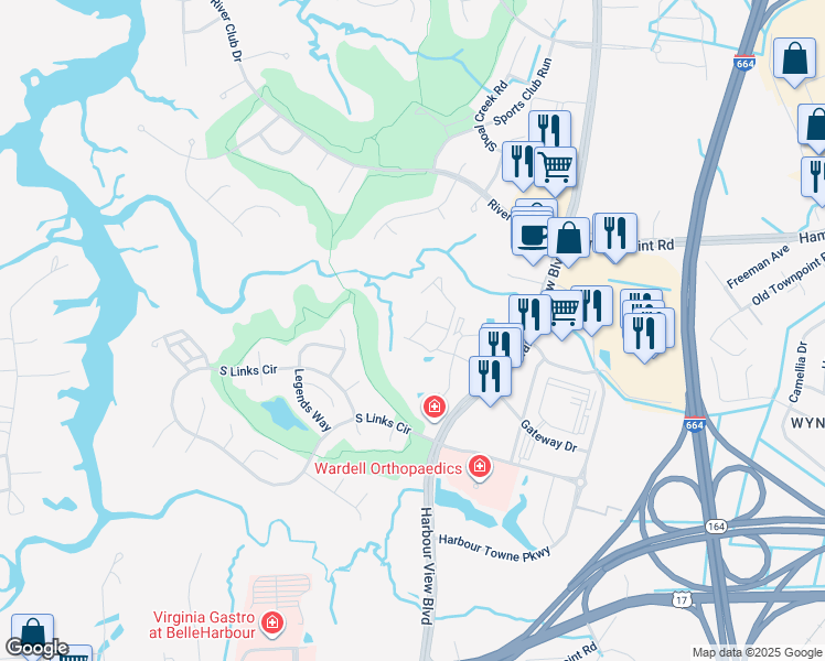 map of restaurants, bars, coffee shops, grocery stores, and more near 4011 Palmer Court in Suffolk