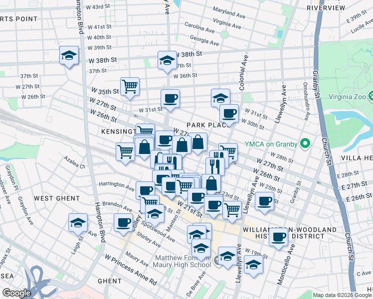 map of restaurants, bars, coffee shops, grocery stores, and more near 622 West 25th Street in Norfolk