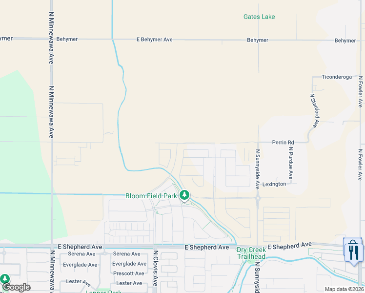 map of restaurants, bars, coffee shops, grocery stores, and more near 9485 North Sunnyside Avenue in Clovis