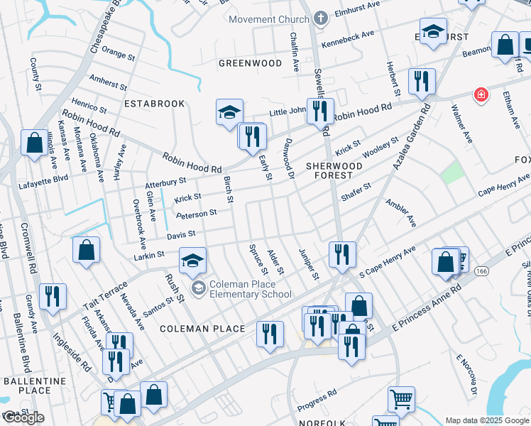map of restaurants, bars, coffee shops, grocery stores, and more near 2720 Alder Street in Norfolk