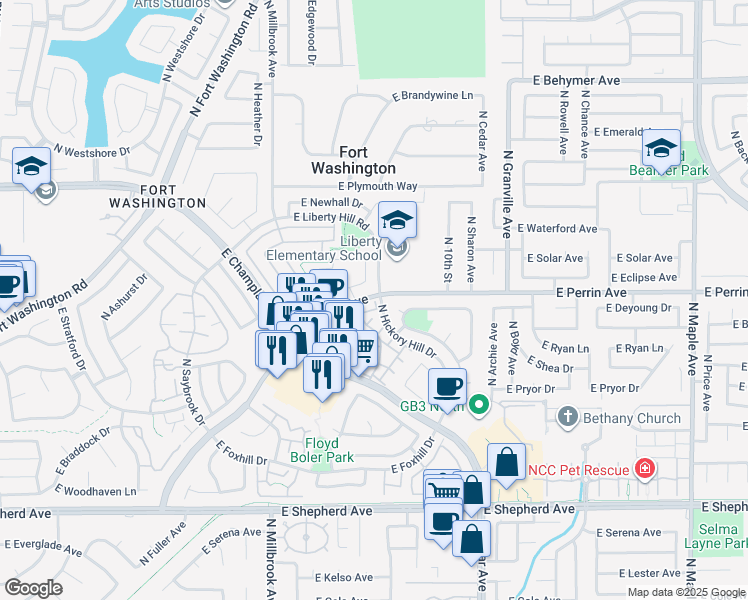 map of restaurants, bars, coffee shops, grocery stores, and more near 1229 East Perrin Avenue in Fresno