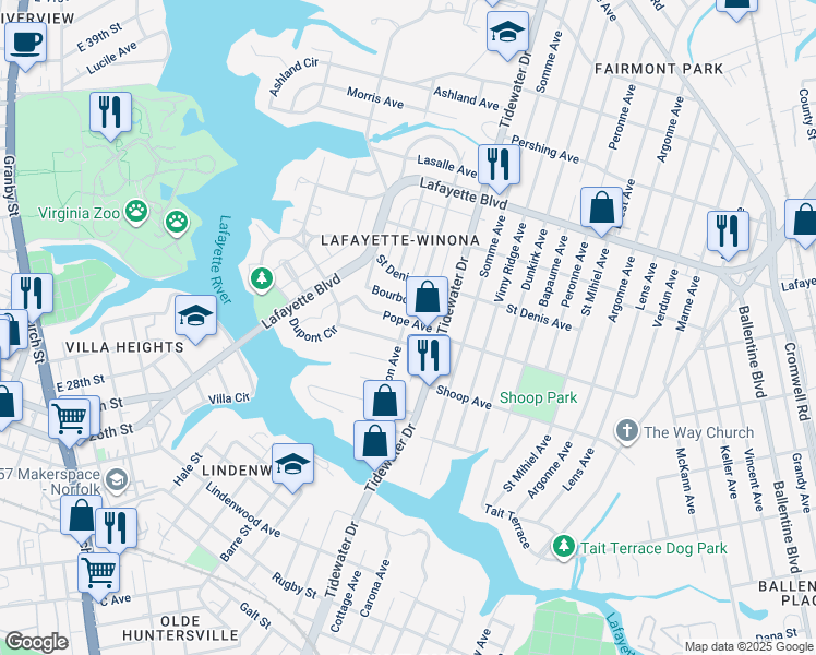 map of restaurants, bars, coffee shops, grocery stores, and more near 1801 Pope Avenue in Norfolk
