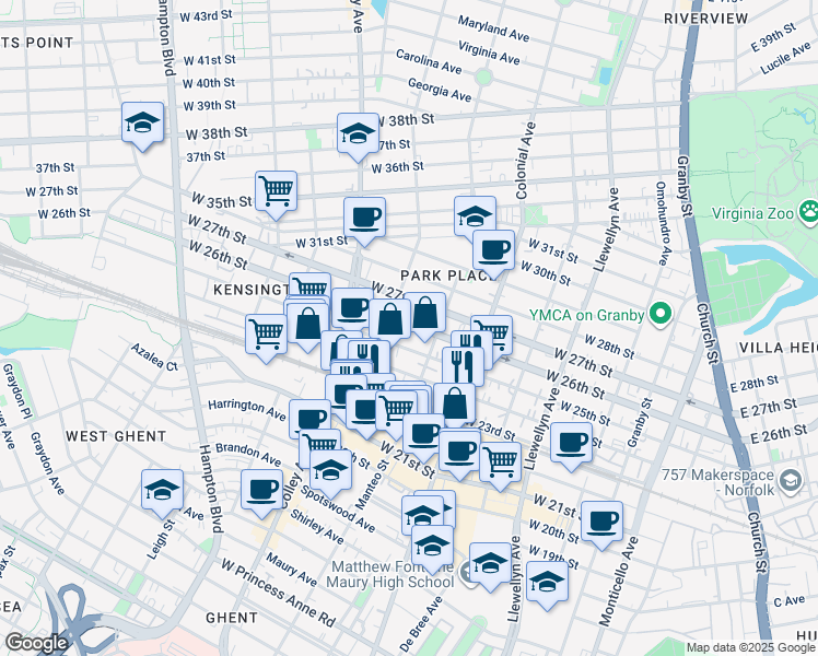 map of restaurants, bars, coffee shops, grocery stores, and more near 622 West 25th Street in Norfolk