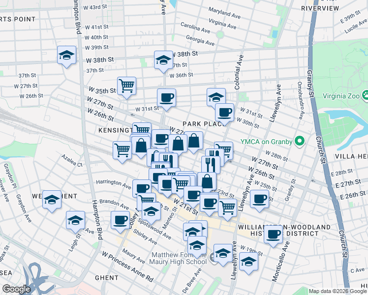 map of restaurants, bars, coffee shops, grocery stores, and more near 622 West 25th Street in Norfolk