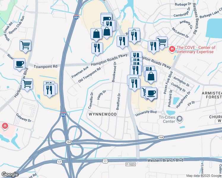 map of restaurants, bars, coffee shops, grocery stores, and more near 6043 Brookwood Drive in Suffolk