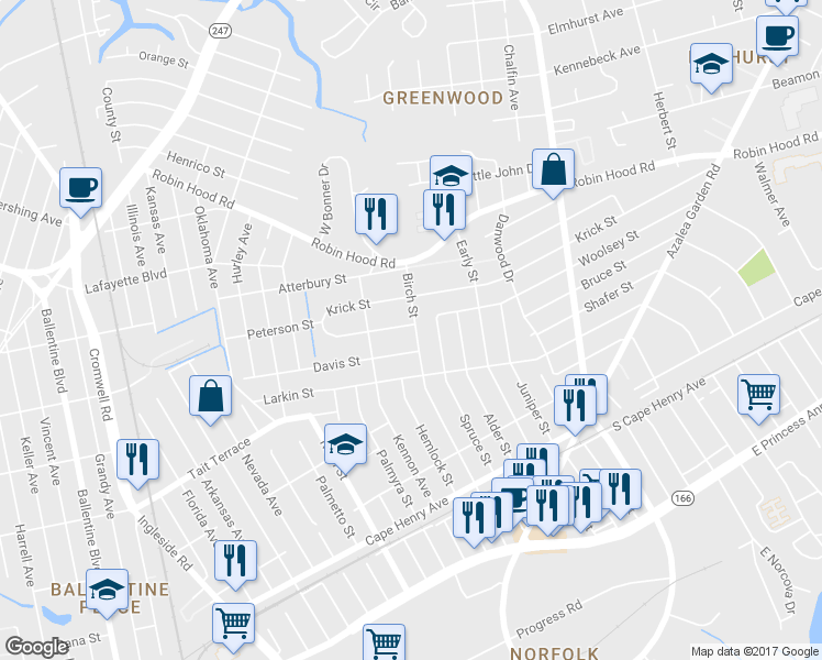 map of restaurants, bars, coffee shops, grocery stores, and more near 3933 Peterson Street in Norfolk